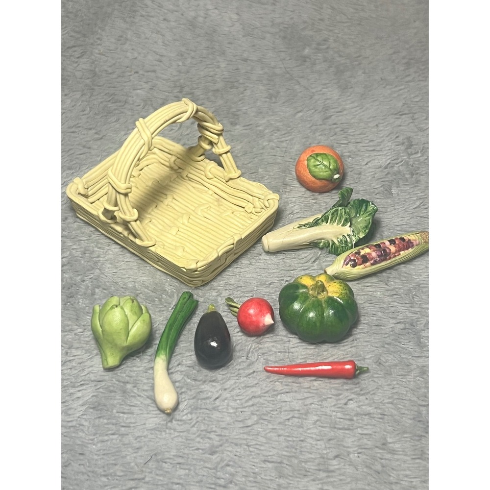 Vintage Mini Ceramic Porcelain Vegetable Basket Set 3in Cottage Kitchen Display